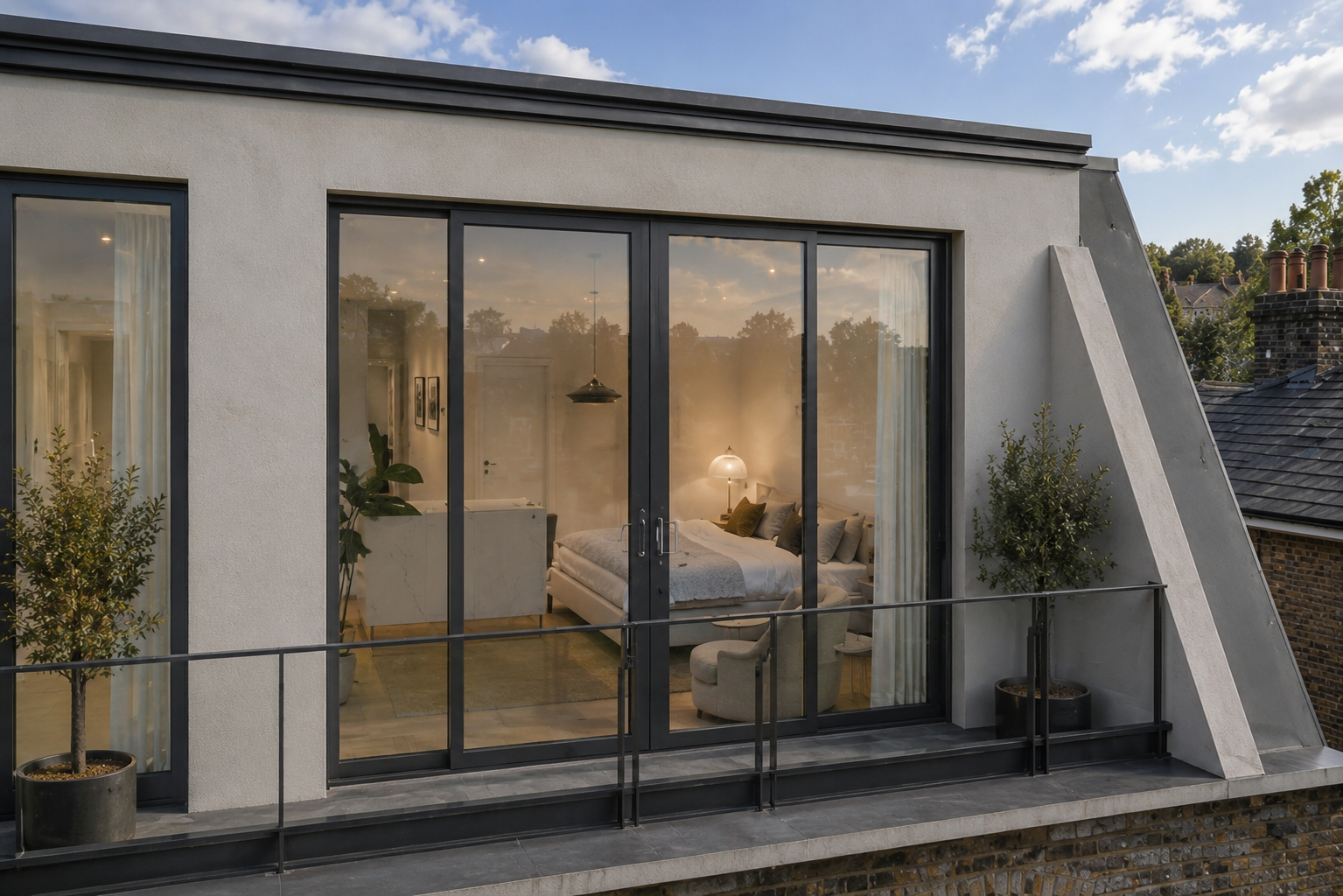 Open-plan living space in mansard loft conversion, Kingston KT2
