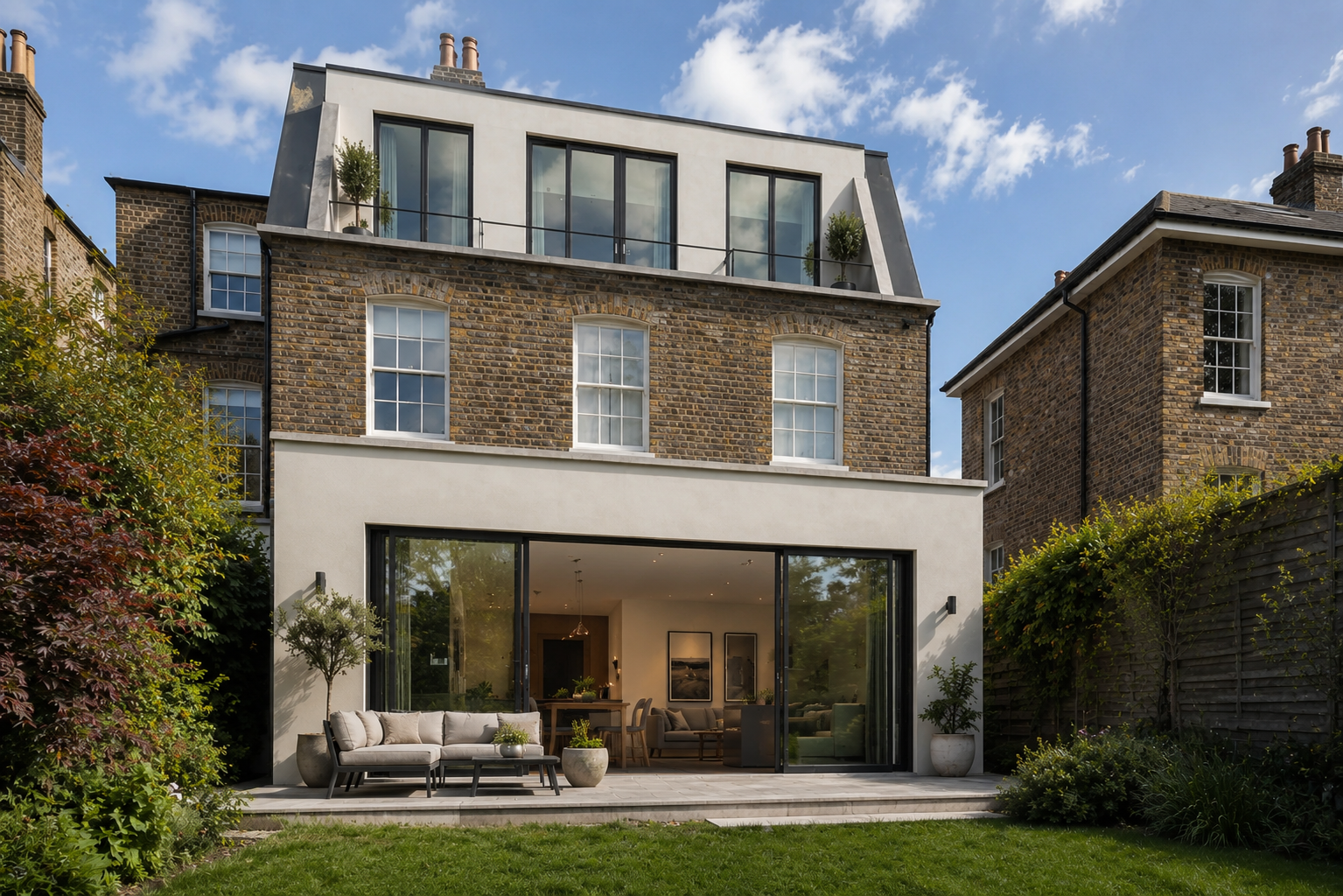 Single storey rear extension below mansard loft, Kingston