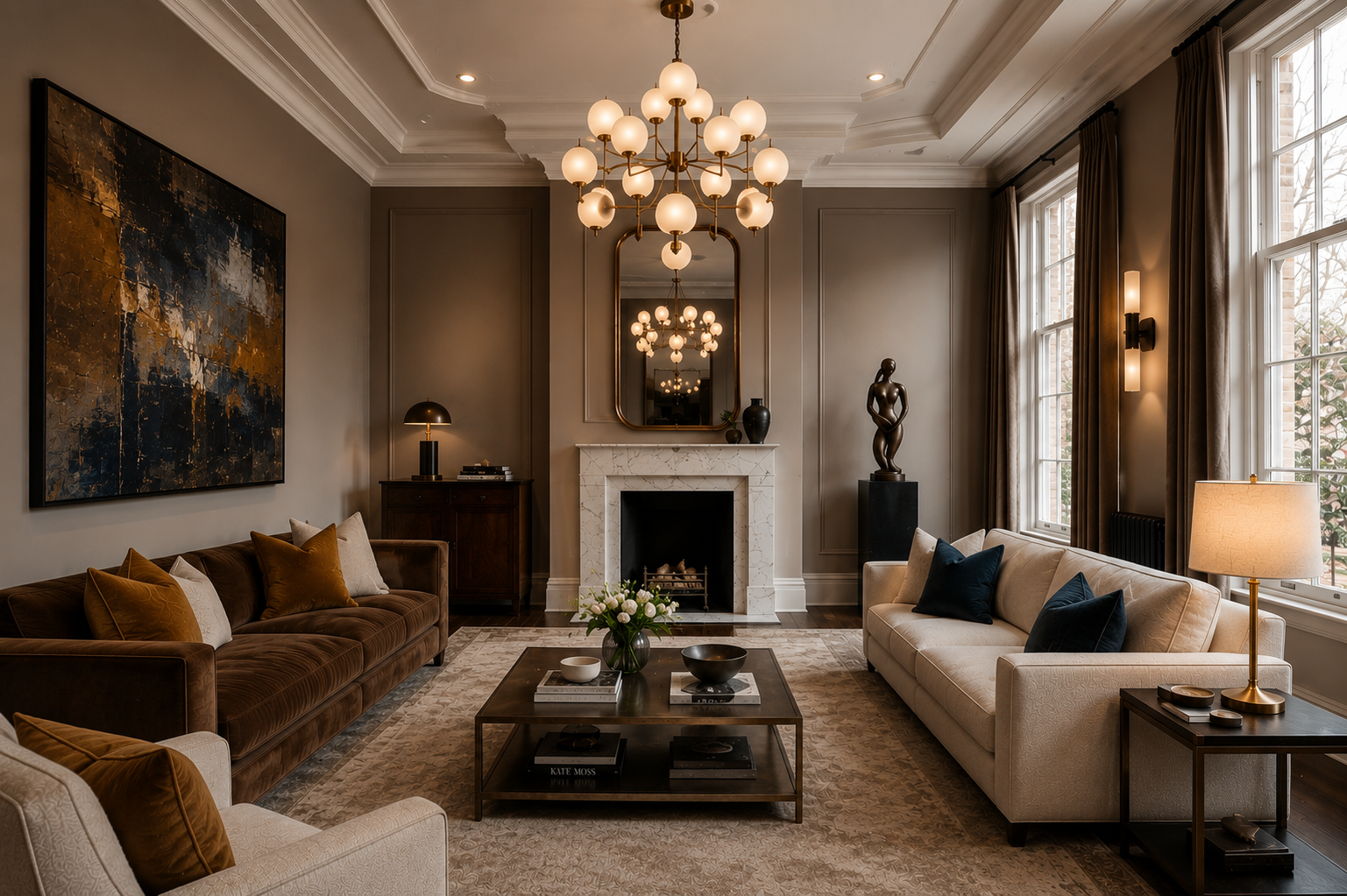 Open-plan living area in restored Chelsea townhouse with period features