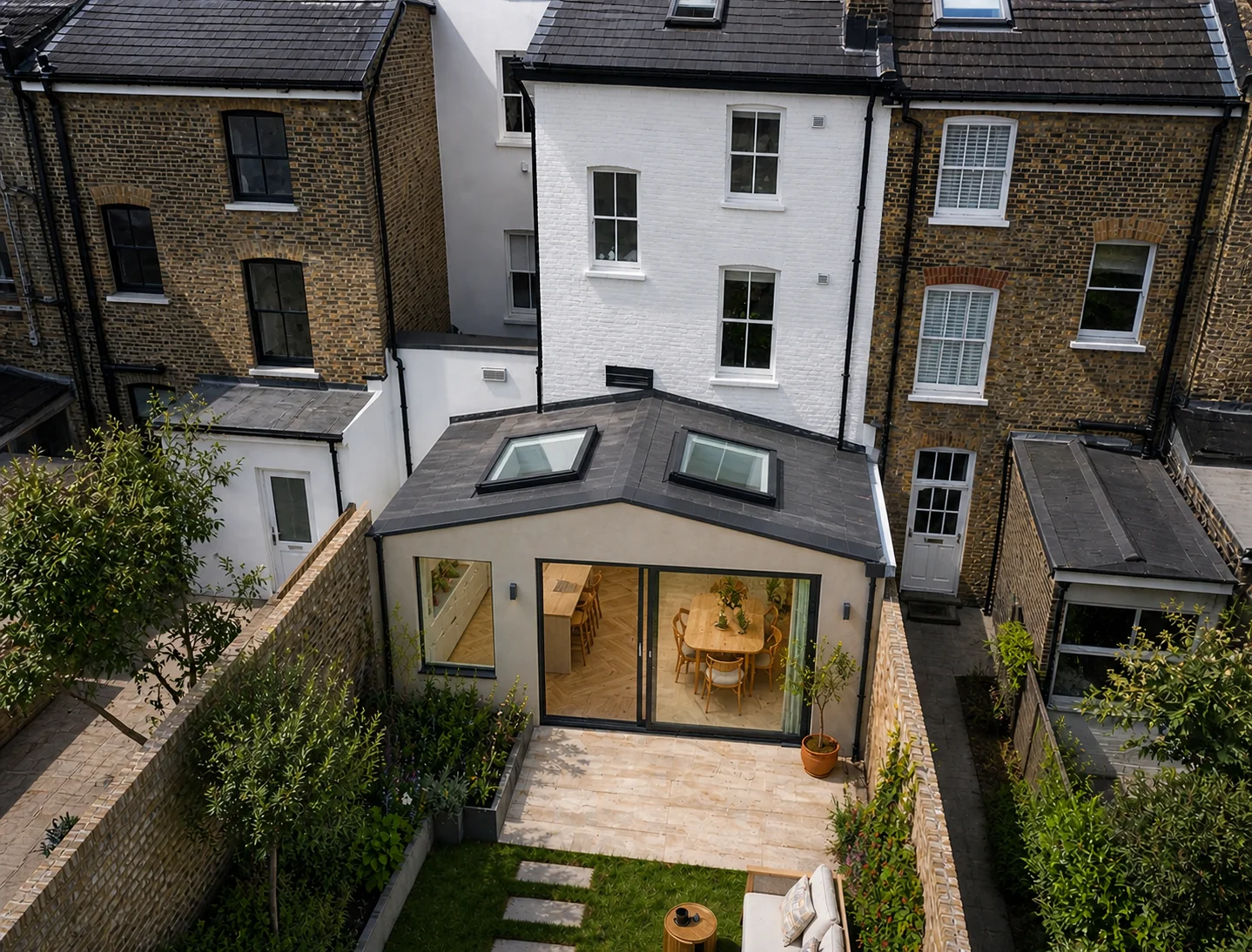 Rear extension with pitched roof on a period terrace